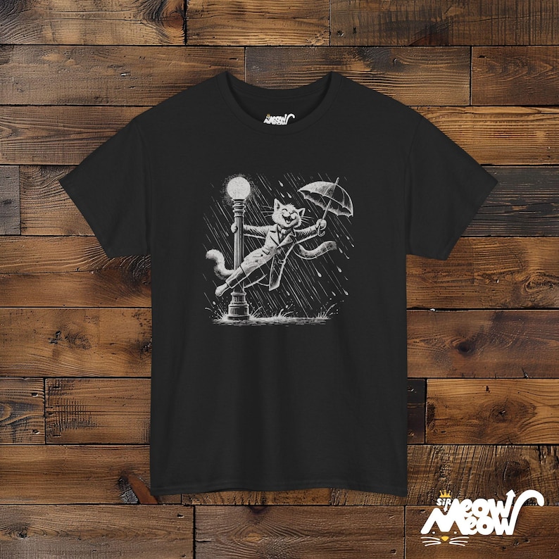 Rain-Singing Cat T-Shirt: Vintage Musical Cat Lover Gift Black