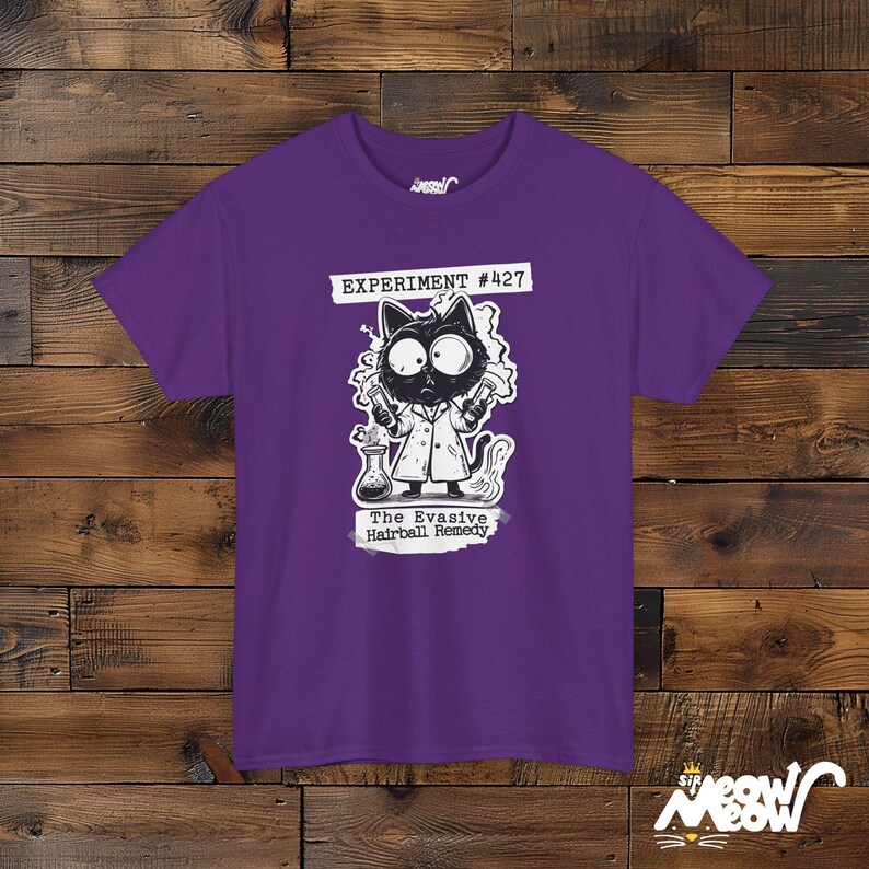 Funny Mad Scientist Cat T-Shirt: Science Humor Gift Purple