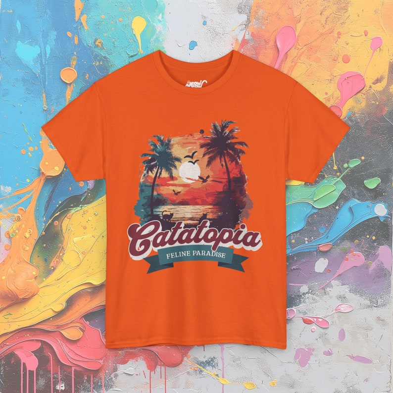 Catatopia T-Shirt, Tropical Cat Paradise Tee, Feline Lover Beach Shirt, Casual Vacation Top Orange