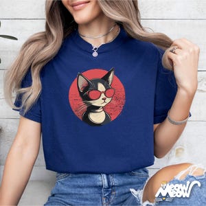 Cat Sunglasses T-Shirt, Retro Graphic Unisex Tee True Navy