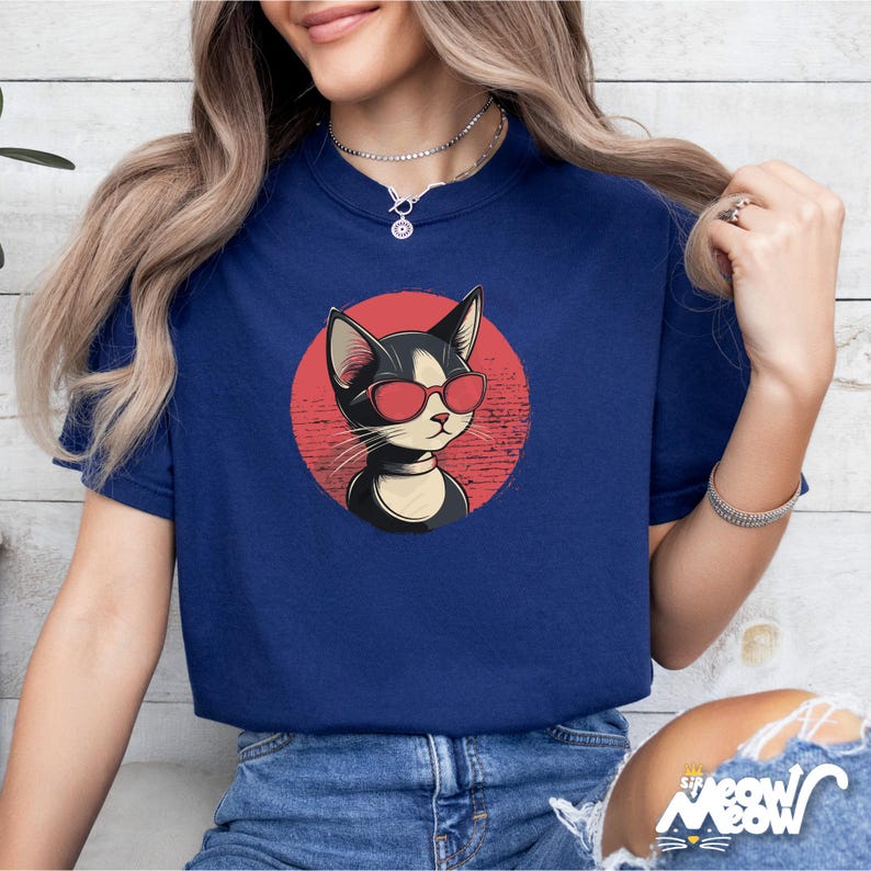 Cat Sunglasses T-Shirt, Retro Graphic Unisex Tee True Navy