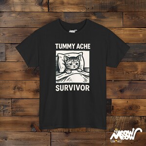 Tummy Ache Survivor Cat Shirt: Funny Unisex Graphic Tee Black