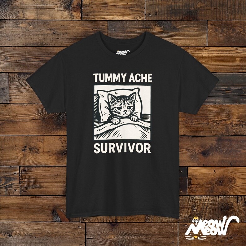 Tummy Ache Survivor Cat Shirt: Funny Unisex Graphic Tee Black