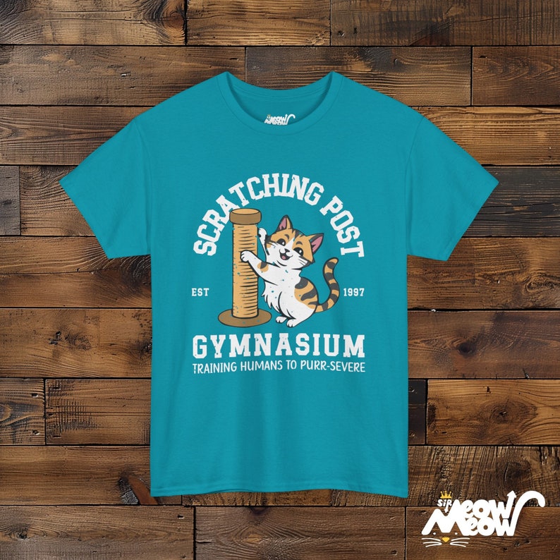 Funny Cat Training T-Shirt: Scratching Post Gymnasium Unisex Tee Tropical Blue