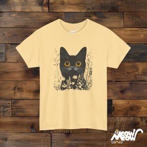 Mystical Black Cat T-Shirt - Enchanting Wildflower Cat Tee - Witchy Nature Lover Gift Yellow Haze