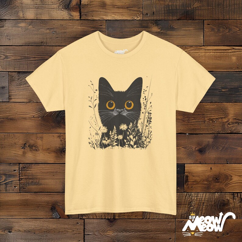 Mystical Black Cat T-Shirt - Enchanting Wildflower Cat Tee - Witchy Nature Lover Gift Yellow Haze