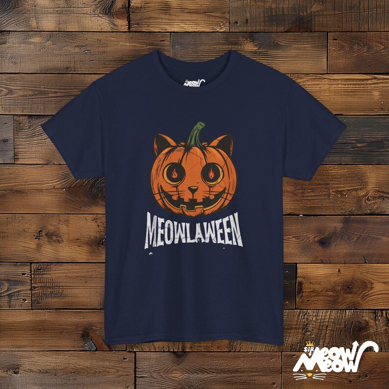 Meowlaween Halloween Cat Pumpkin Design, Spooky Fun Unisex T-Shirt for Cat Lovers Navy