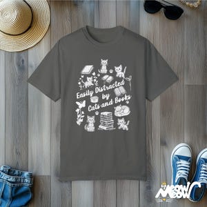 Easily Distracted by Cats and Books T-Shirt: Bookworm Cat Mom Tee Pepper