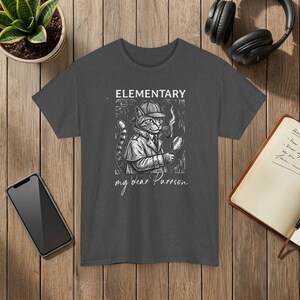 Elementary Cat Detective T-Shirt My Dear Purrson Vintage Style Graphic Tee Dark Heather