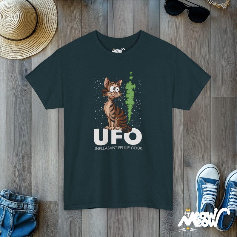 Funny Cat Graphic T-Shirt: UFO Unpleasant Feline Odor Tee Midnight