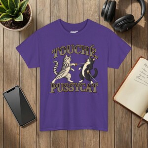 Touché Pussycat Fencing Cat T-Shirt, Funny Fencer Gift, Dueling Cats Graphic Tee, Gildan 5000 Lilac