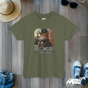 Meowder on the Orient Express Cat T-Shirt: Funny Detective Design Military Green