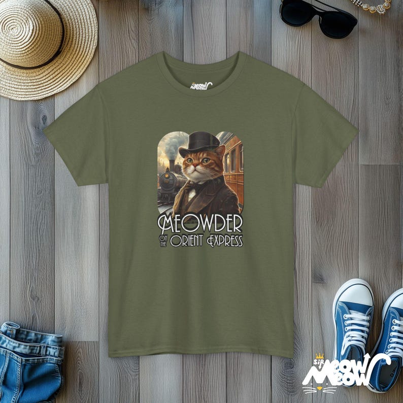 Meowder on the Orient Express Cat T-Shirt: Funny Detective Design Military Green