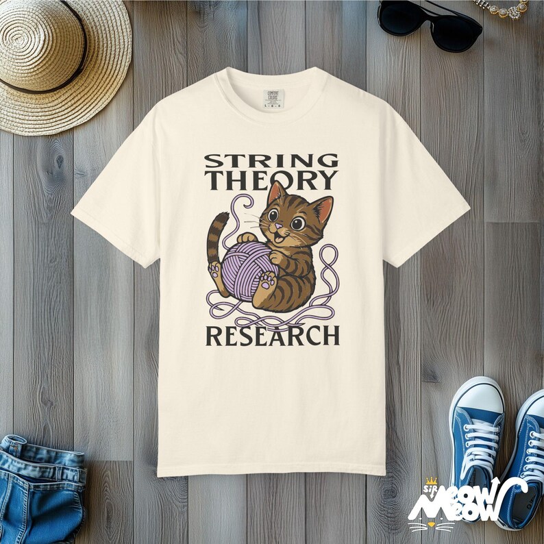 Comfort Colors String Theory Cat Shirt: Funny Physics Tee Ivory