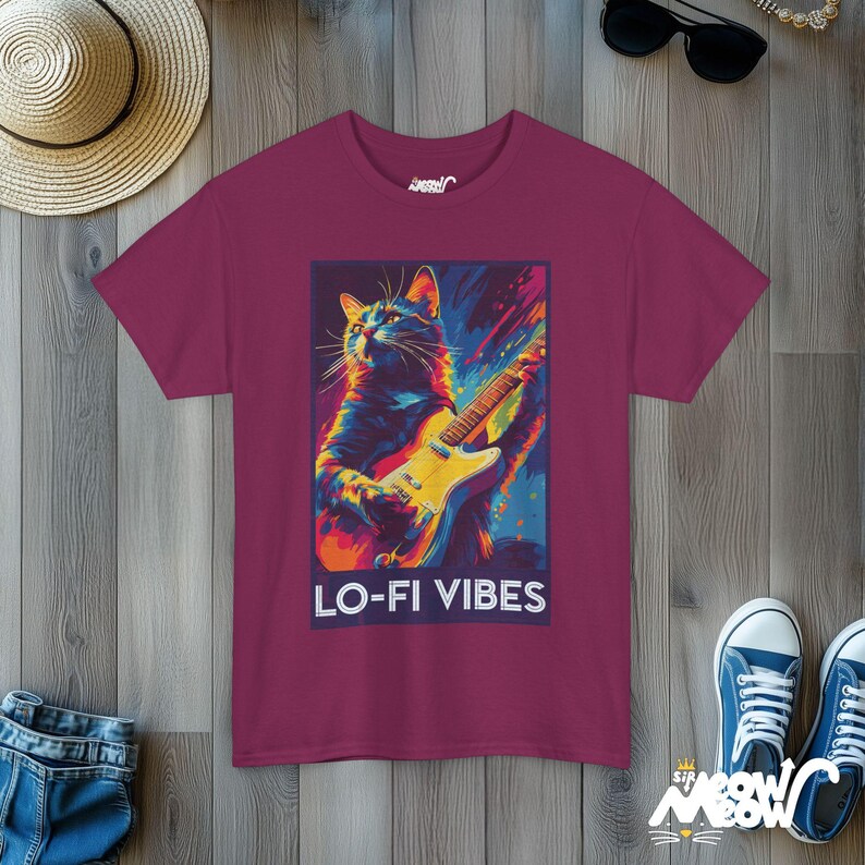 Lo-Fi Vibes Cat T-Shirt: Retro Music Graphic Tee Berry