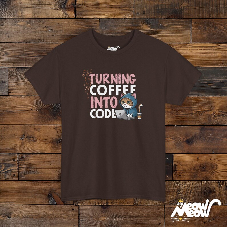 Turning Coffee Into Code Cat Programmer T-Shirt - Funny Gift for Coders and Coffee Lovers Dark Chocolate
