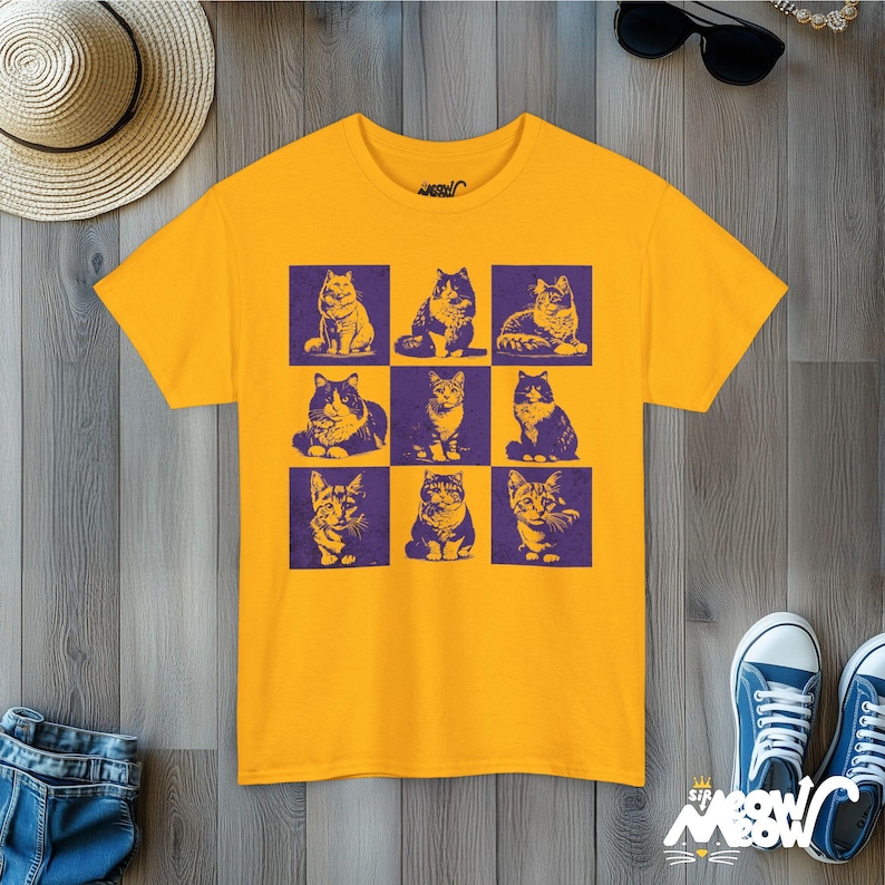 Retro Cat Grid T-Shirt: Vintage Style Graphic Tee Gold