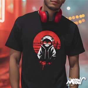 May include: Black t-shirt featuring a graphic of a cat wearing headphones and sunglasses, set against a red circle. The cat is dressed in a hoodie. The shirt has the text "Sif Meow Meow" at the bottom right.