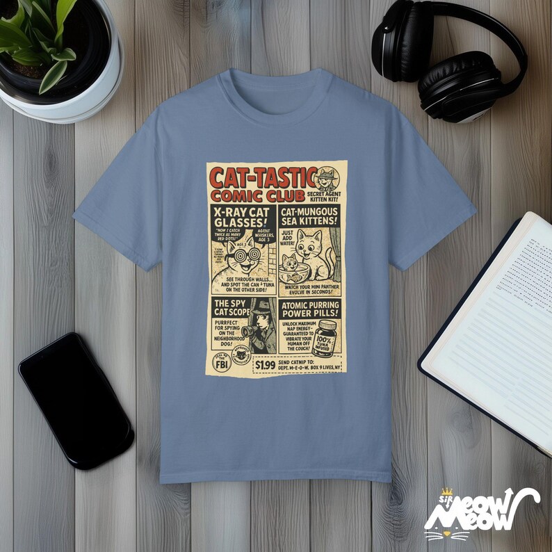 Funny Cat Comic Shirt: Vintage "Cat-Tastic Comic Club" Tee Blue Jean