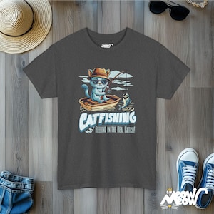 Catfishing Unisex Tee: Funny Cat & Fishing Graphic T-Shirt Dark Heather