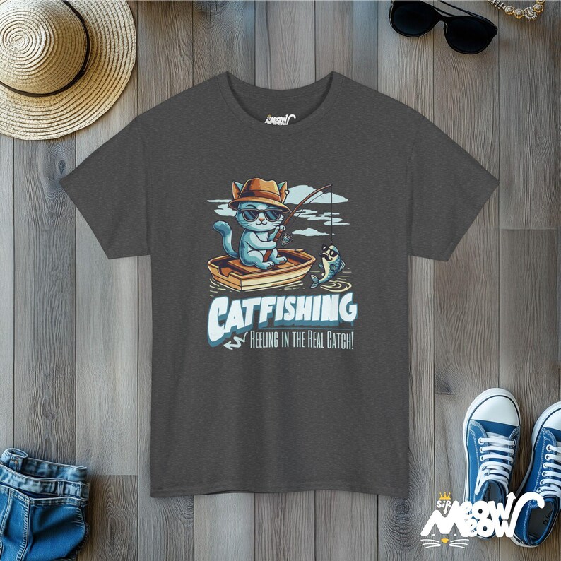 Catfishing Unisex Tee: Funny Cat & Fishing Graphic T-Shirt Dark Heather