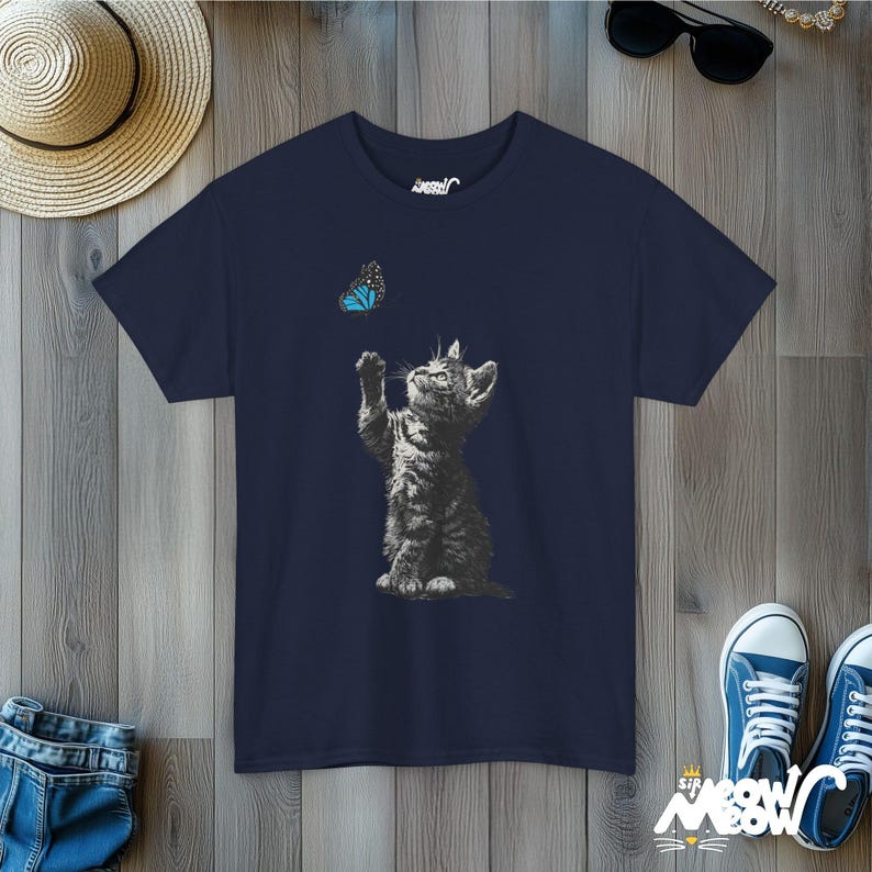 Kitten and Butterfly Graphic T-Shirt, Cat Lover Tee Navy
