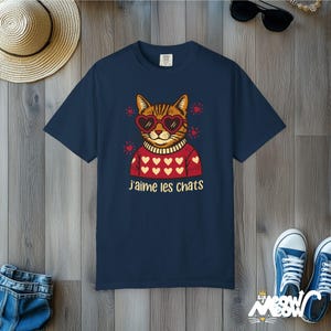 J'aime les Chats T-Shirt: Retro French Cat Lover Comfort Colors Tee True Navy