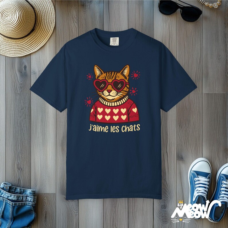 J'aime les Chats T-Shirt: Retro French Cat Lover Comfort Colors Tee True Navy