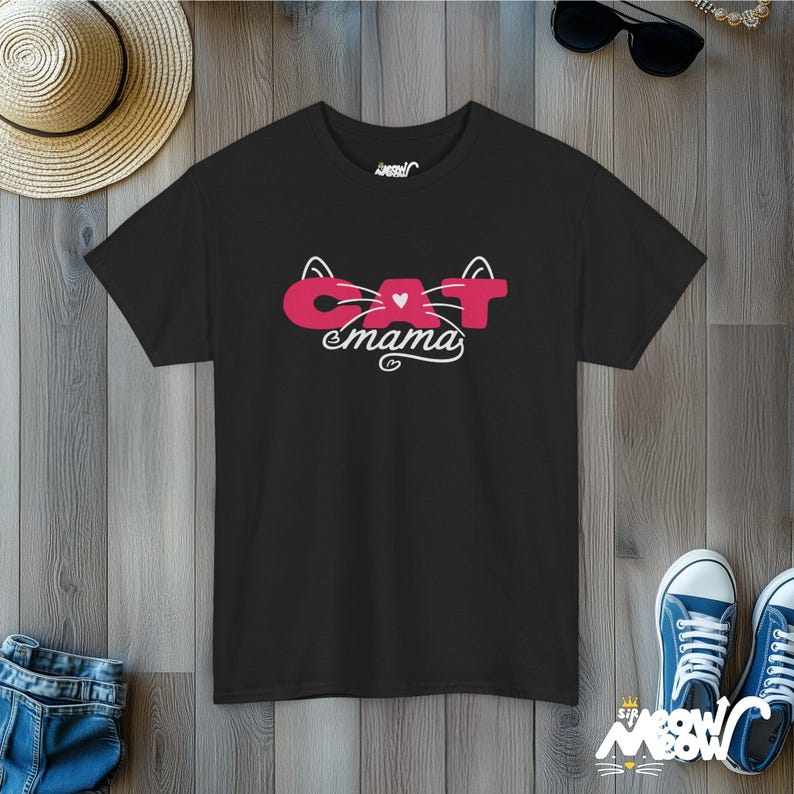 Cat Mama T-Shirt, Whisker Heart Design, Feline Parent Tee Black