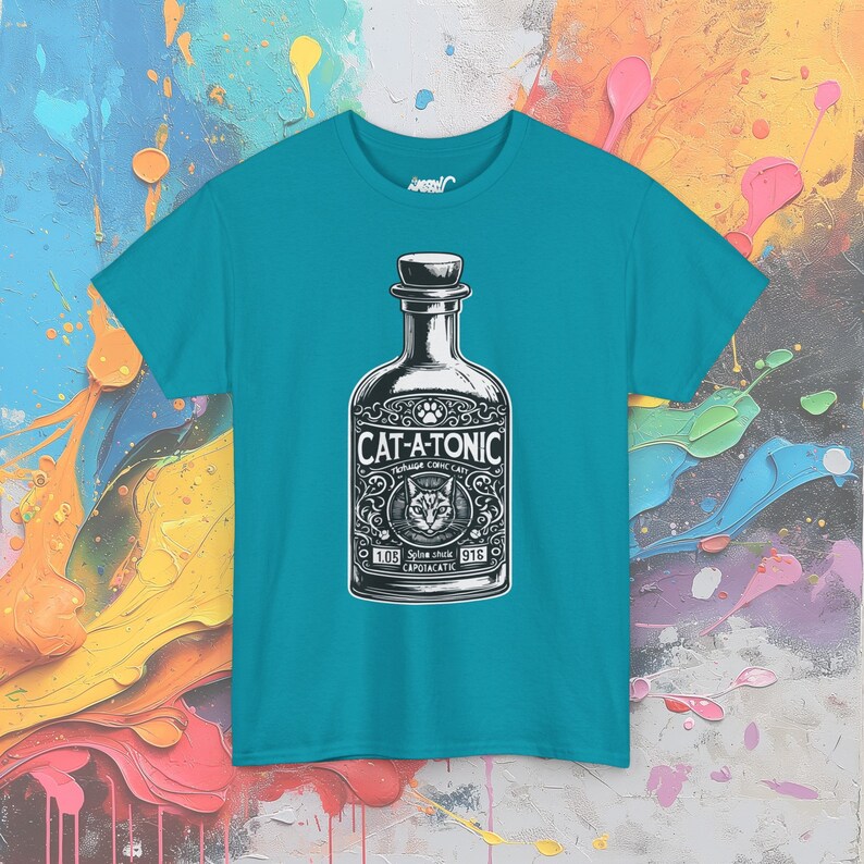 Cat-A-Tonic T-Shirt: Vintage Bottle Graphic, Funny Cat Pun image 6