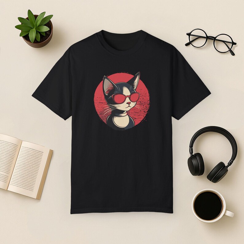 Cat Sunglasses T-Shirt, Retro Graphic Unisex Tee Black