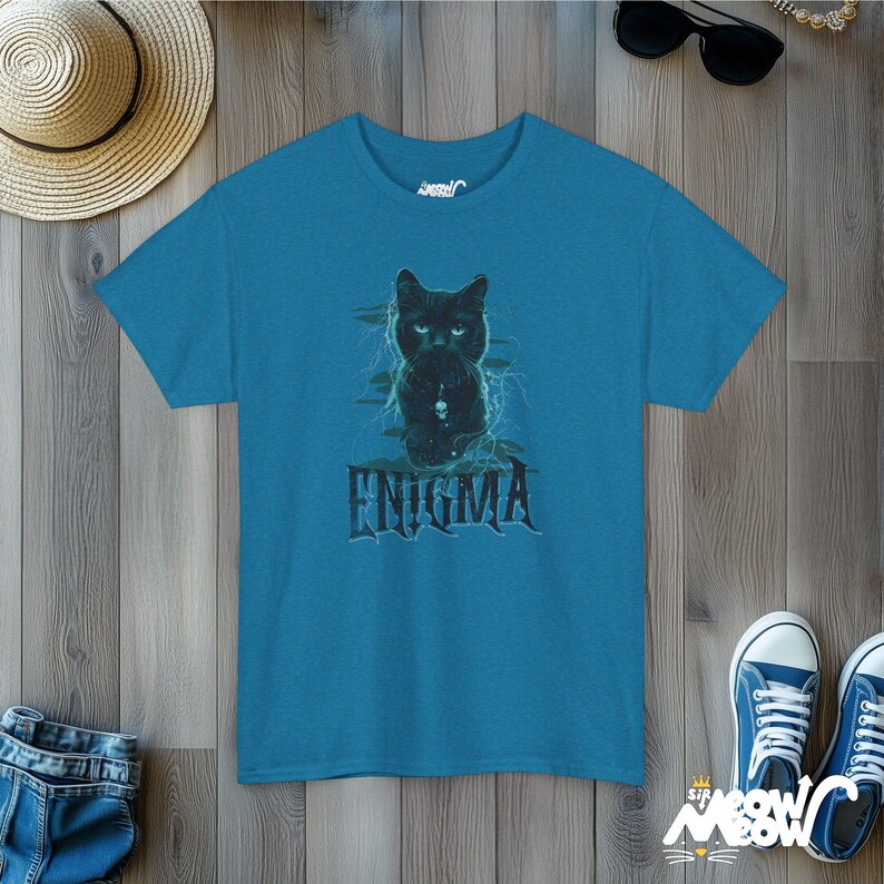 Enigma Cat T-Shirt, Gothic Witchy Tee, Dark Graphic Antique Sapphire