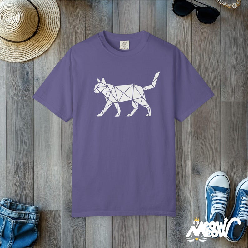 Geometric Cat T-Shirt: Comfort Colors Minimalist Feline Tee Grape