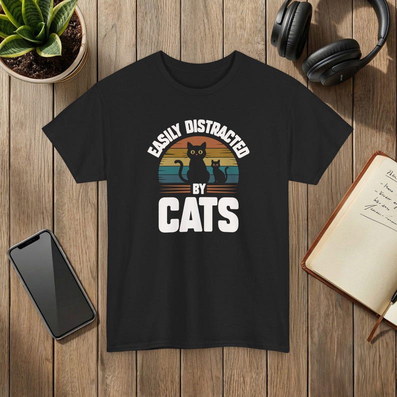 Easily Distracted by Cats Funny Cat Lover T-Shirt Soft Cotton Tee Black