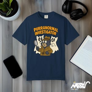 Purranormal Investigator T-Shirt: Funny Cat Ghost Hunter Comfort Colors Tee True Navy