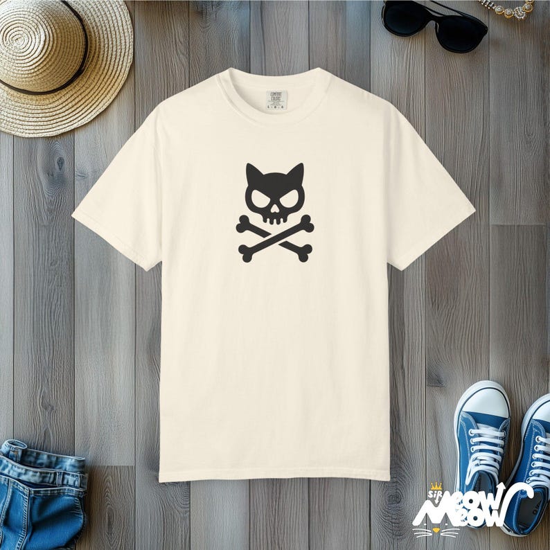 Cat Skull Crossbones T-Shirt: Comfort Colors Gothic Punk Tee Ivory