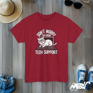 Funny Tech Support Cat T-Shirt: Geek Programmer Gift Cardinal Red