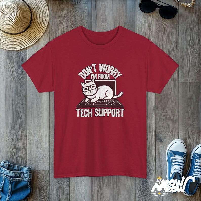 Funny Tech Support Cat T-Shirt: Geek Programmer Gift Cardinal Red