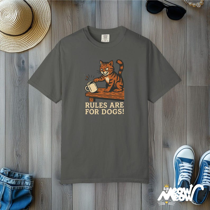 Funny Cat T-Shirt: Rules Are For Dogs, Comfort Colors Unisex Tee Pepper