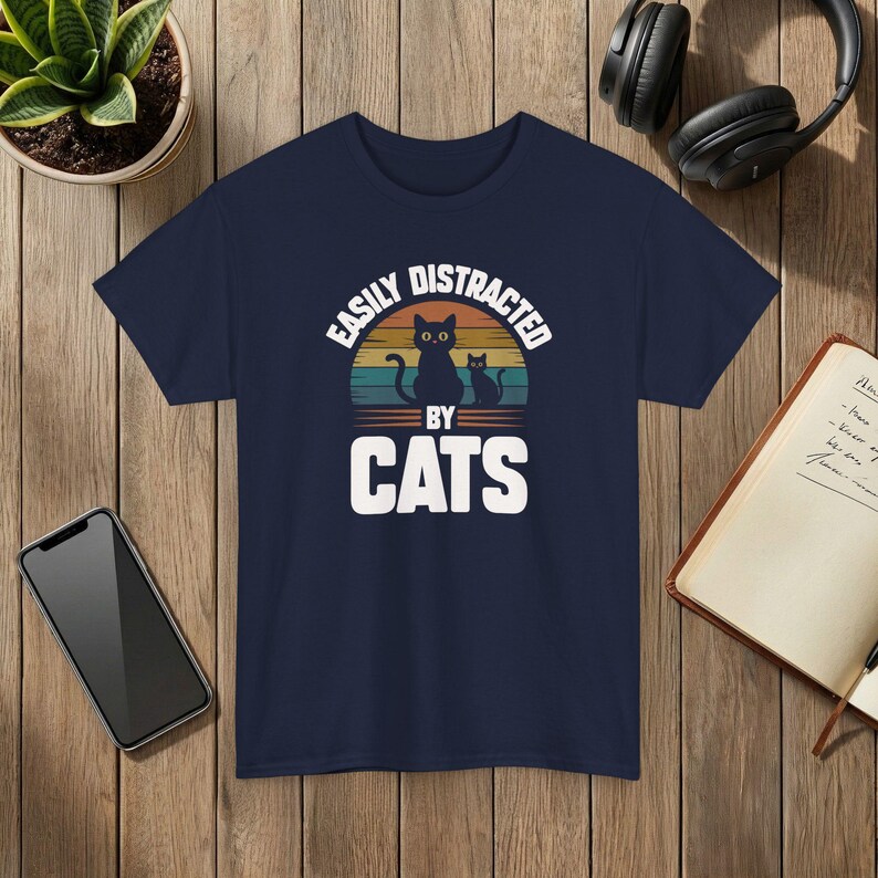 Easily Distracted by Cats Funny Cat Lover T-Shirt Soft Cotton Tee Navy