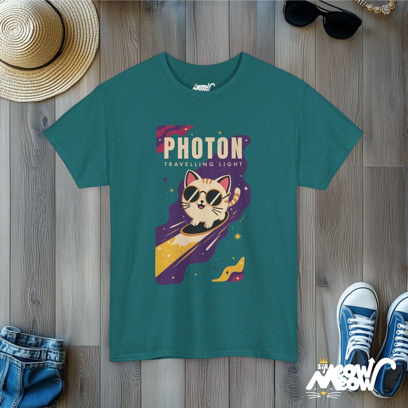 Space Cat T-Shirt, Fun Galaxy Kitty Tee Antique Jade Dome