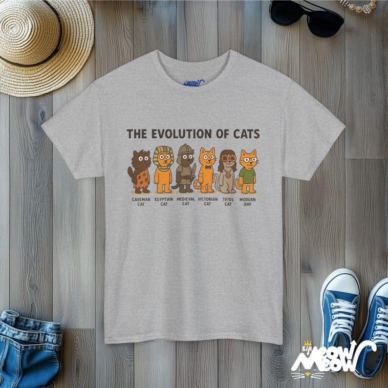 Evolution of Cats T-Shirt: Funny History Timeline Graphic Tee Sport Grey