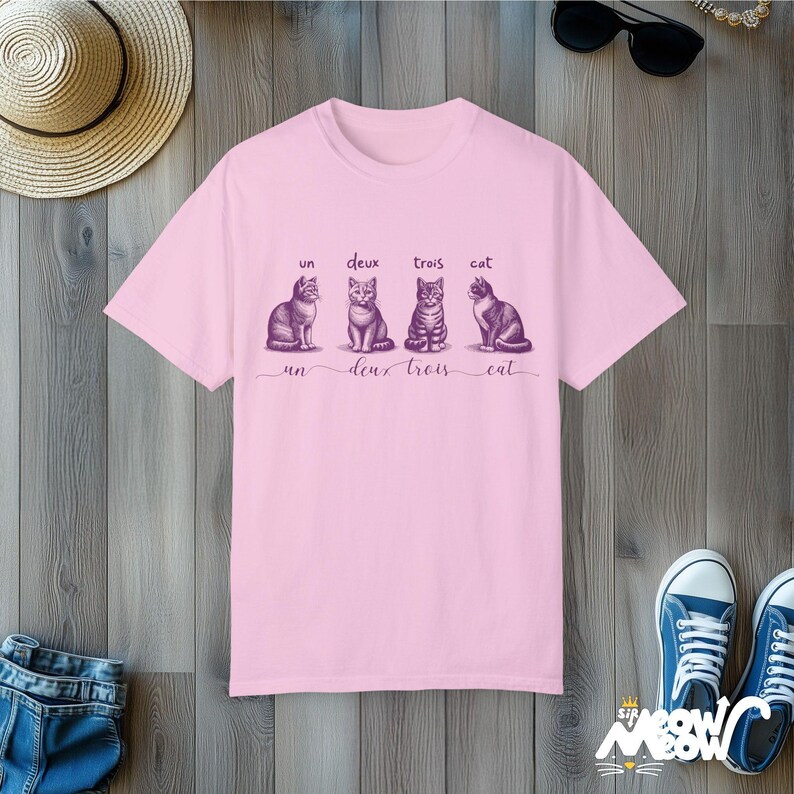 Un Deux Trois Cat T-Shirt: Funny French Pun, Comfort Colors Tee Blossom