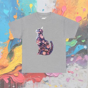 Floral Cat Silhouette T-Shirt: Feminine Cottagecore Graphic Tee Sport Grey