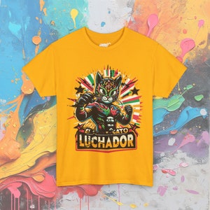 Wrestling Cat Shirt, El Gato Luchador T-Shirt, Lucha Libre Inspired Mexican Wrestler Cat Gold