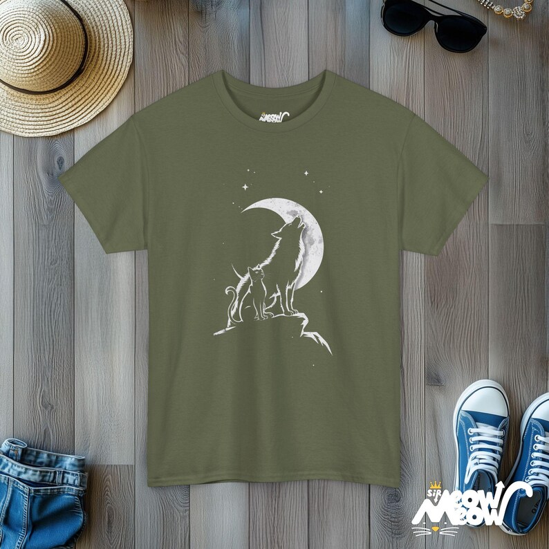 Cat & Wolf Moon T-Shirt | Enchanting Night Silhouette Tee | Unique Animal Lover Gift Military Green