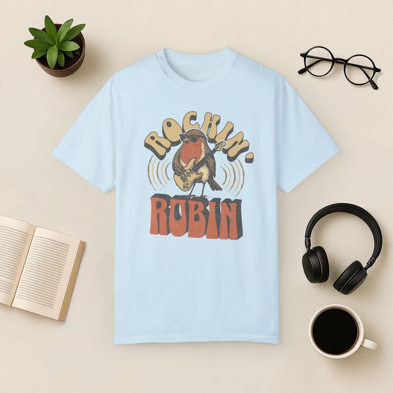 Rockin' Robin Graphic Tee: Retro Bird Music Lover Shirt Chambray