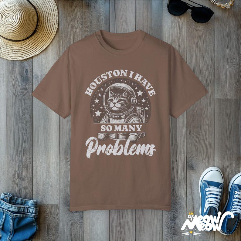 Vintage Cat Astronaut T-shirt: Houston I Have So Many Problems, Comfort Colors Espresso