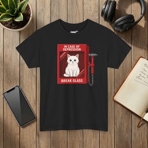 In Case Of Depression Cat Shirt, Break Glass Cat T-Shirt, Funny Cat Lover Tee, Mental Health Humor Shirt, Cute White Cat Gift image 2