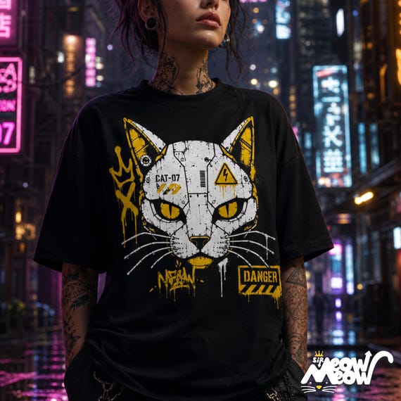 Robot Cat T-Shirt, Cyberpunk Graffiti Mecha Graphic Tee, Streetwear Cat Lover Shirt